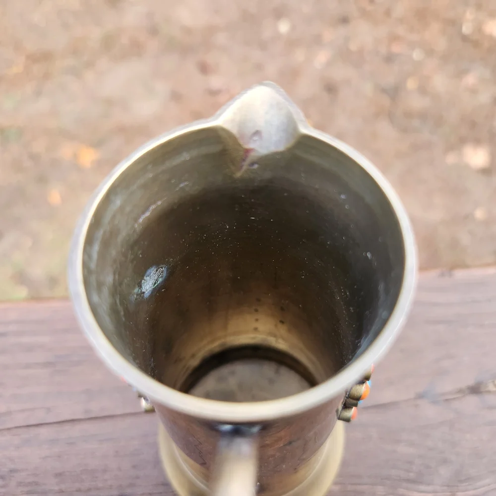 Vintage Brass Pitcher with Turquoise, Red And Black Stones